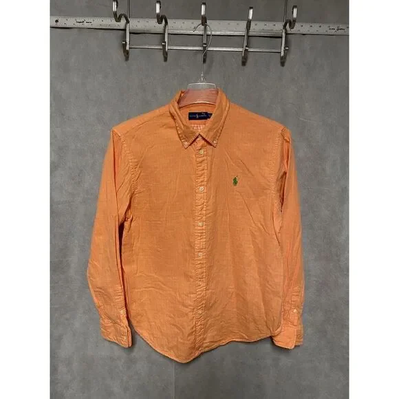 Ralph Lauren Shirt Men XL Orange Cotton Casual Button Up Green Pony Check Lined - Picture 1 of 11